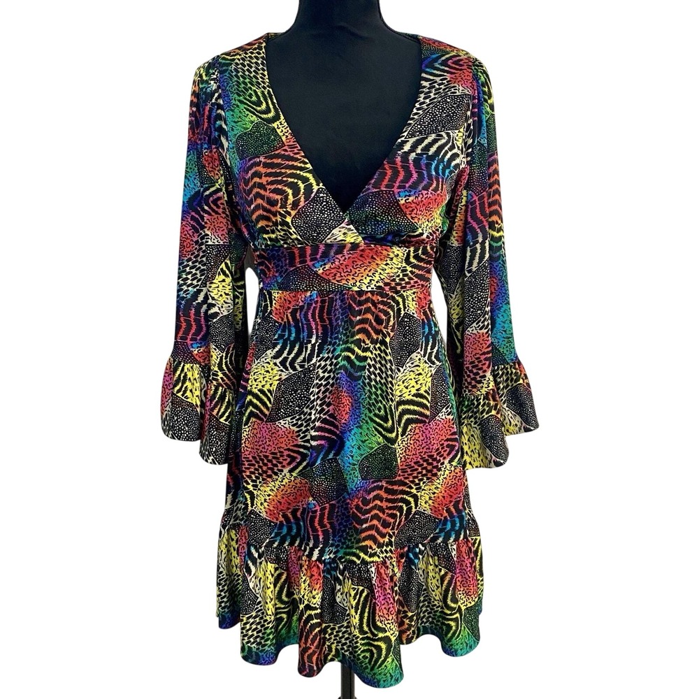 RARE Vintage Betsey Johnson Collection Rainbow Bambi Animal Print Bell‎ Sleeve